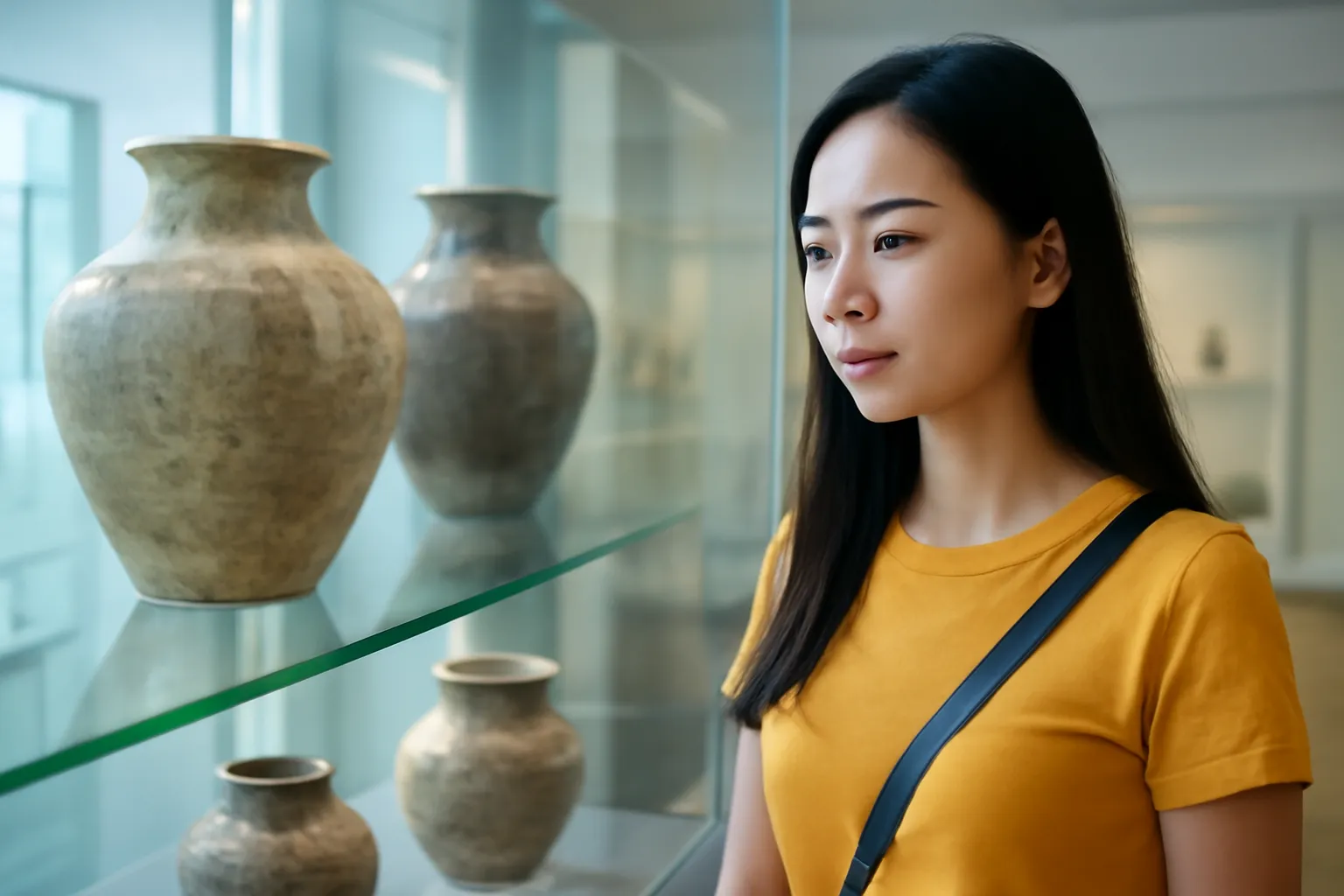 Cô gái trẻ đứng trước tủ kính bảo tàng ngắm đồ gốm cổ, bóng mình phản chiếu