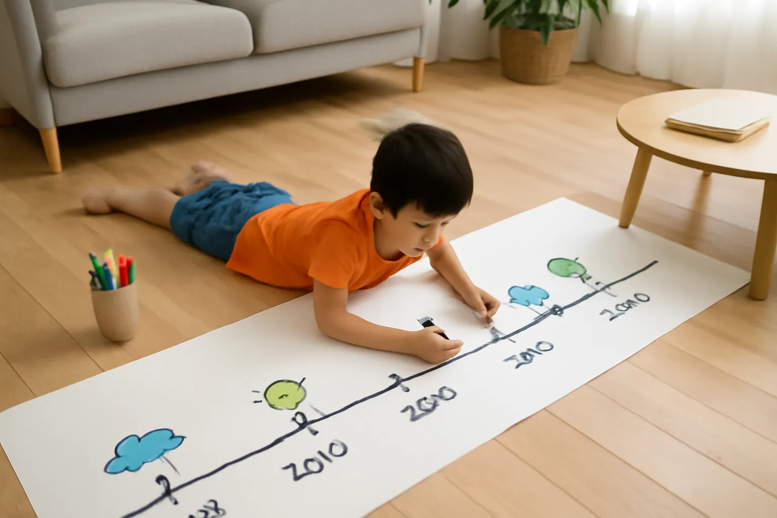 Bé trai nằm sấp trên sàn vẽ đường thời gian dài trên cuộn giấy