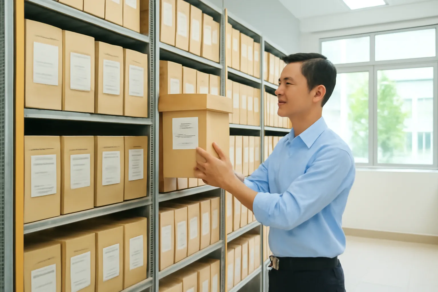 Cán bộ lưu trữ đặt hộp tài liệu lên kệ thép trong kho mát