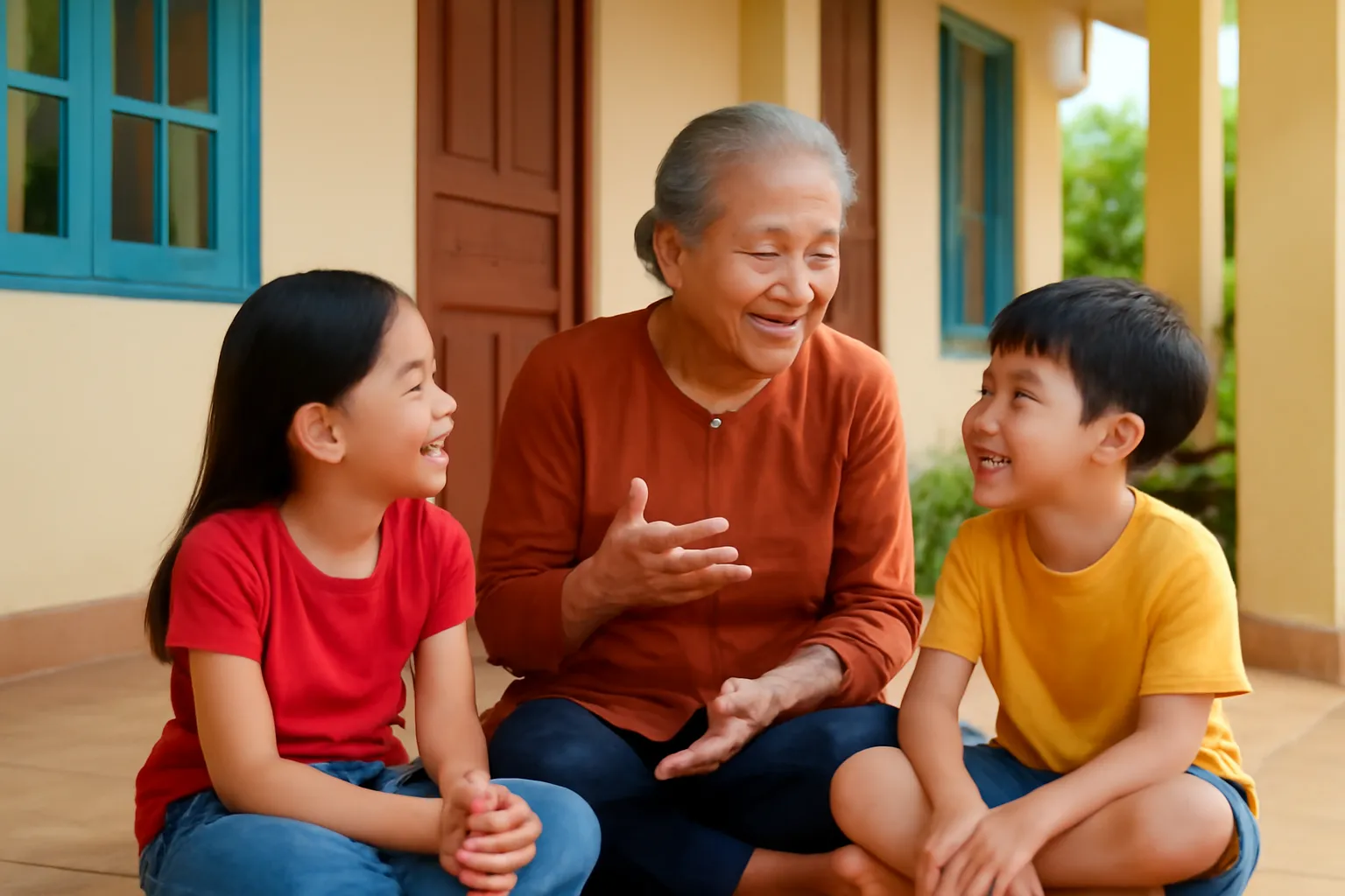 Bà kể chuyện cổ cho cháu nhỏ dưới hiên nhà ngói buổi chiều nắng