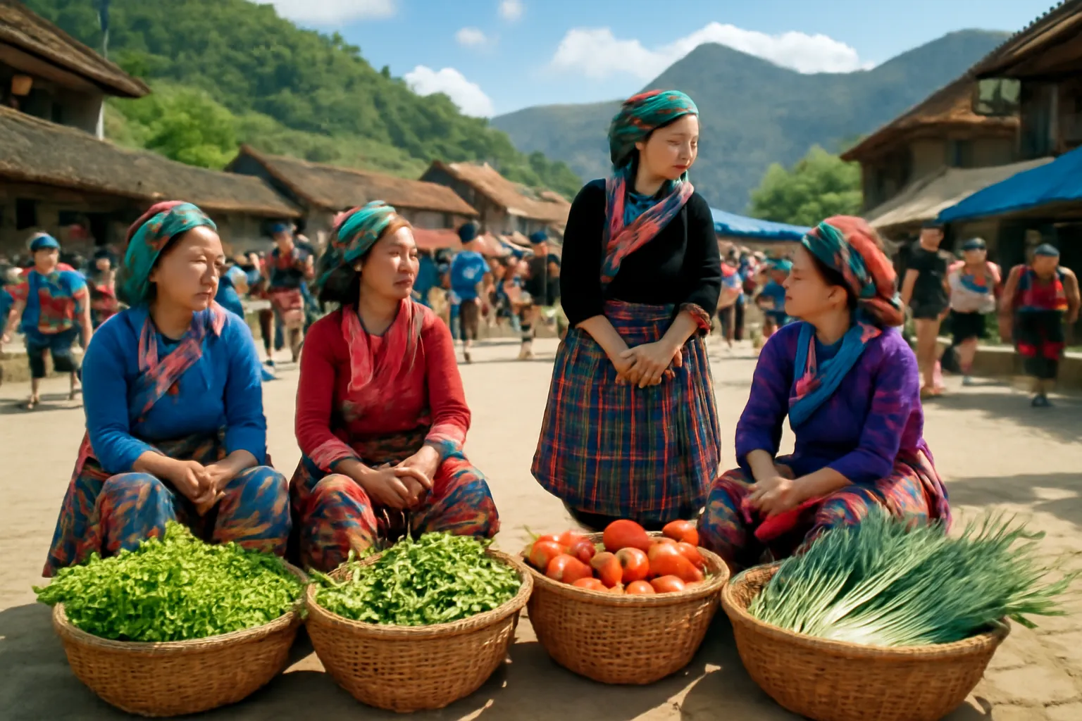 Phiên chợ vùng cao buổi sáng, người bán ngồi bên những thúng rau