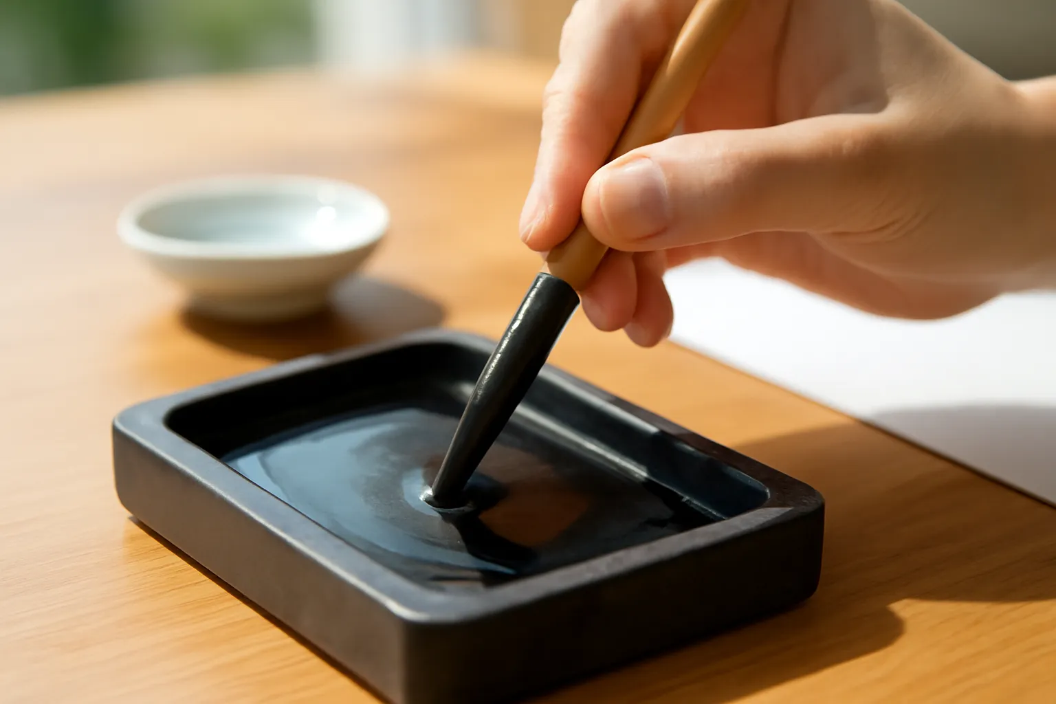 Bàn tay cầm bút lông chấm mực trên nghiên đá, cận cảnh