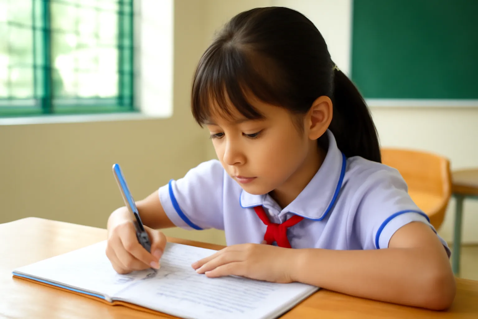 Học sinh tiểu học tập viết chữ trong vở ô li, nhìn nghiêng