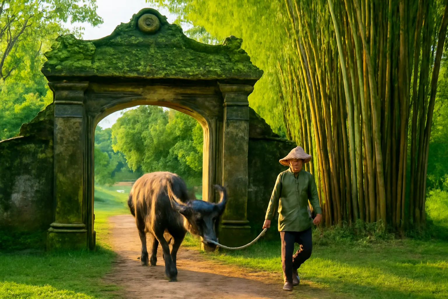 Cổng làng rêu phong bên bụi tre, người dắt trâu đi qua lúc chiều
