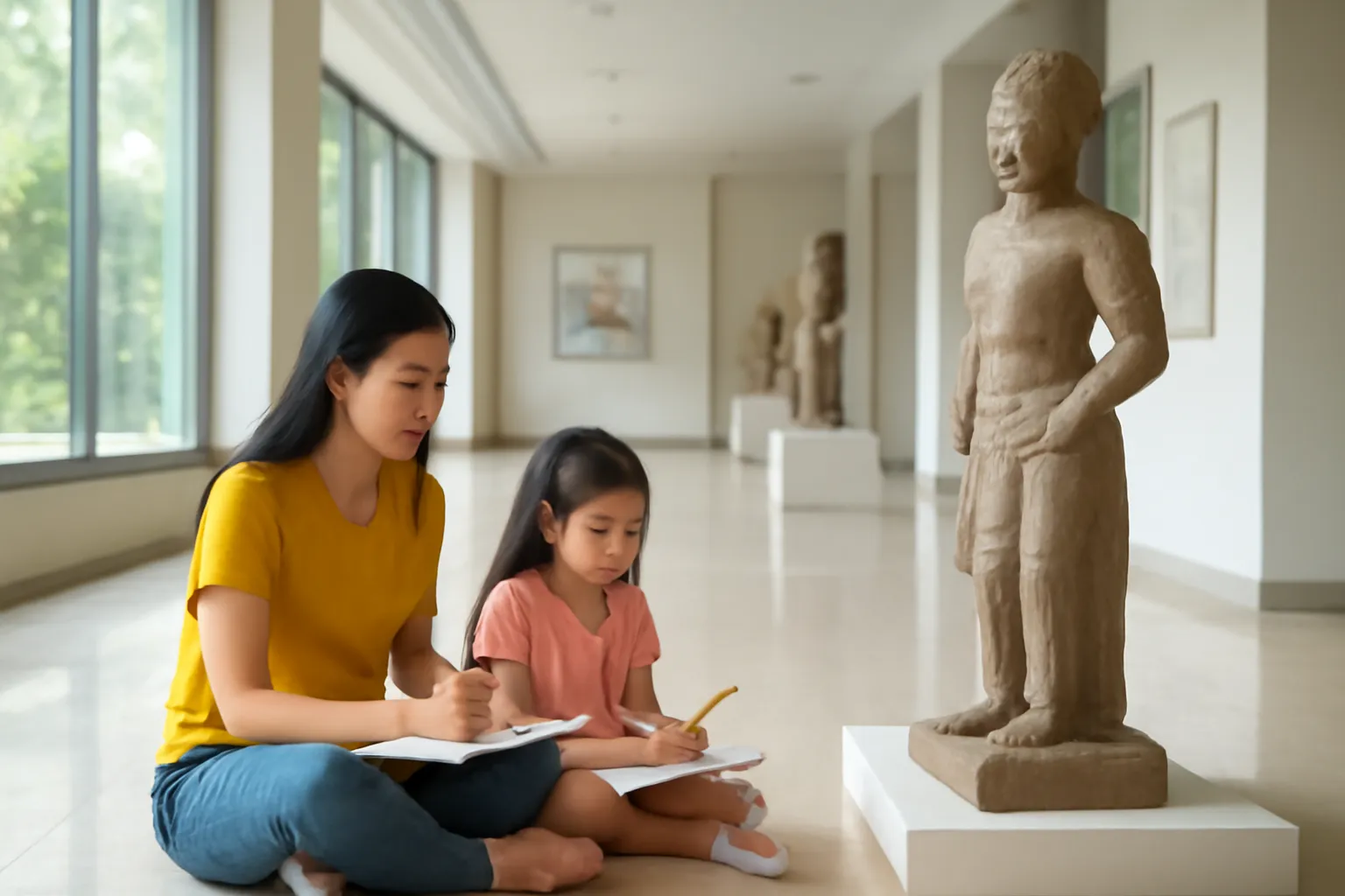 Người mẹ và con gái ngồi vẽ phác trước bệ tượng đá trong bảo tàng