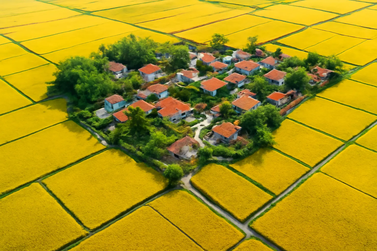 Cánh đồng lúa chín nhìn từ trên cao với bờ ruộng chia thành từng ô