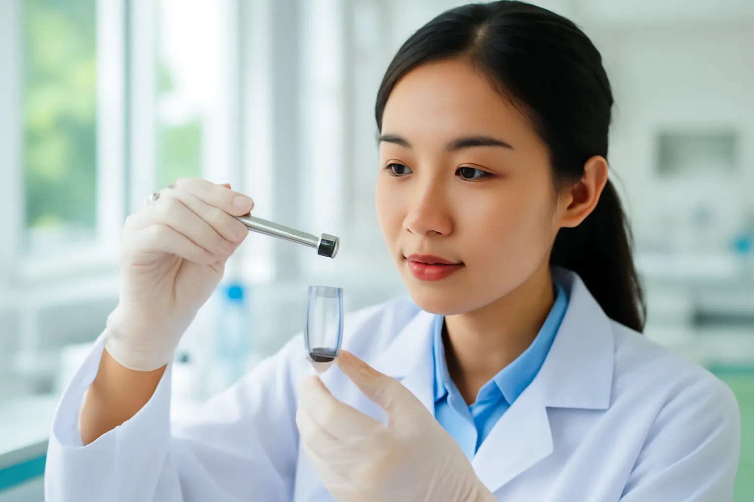 Nhà nghiên cứu nữ gắp mẫu than nhỏ vào ống nghiệm trong phòng thí nghiệm sáng