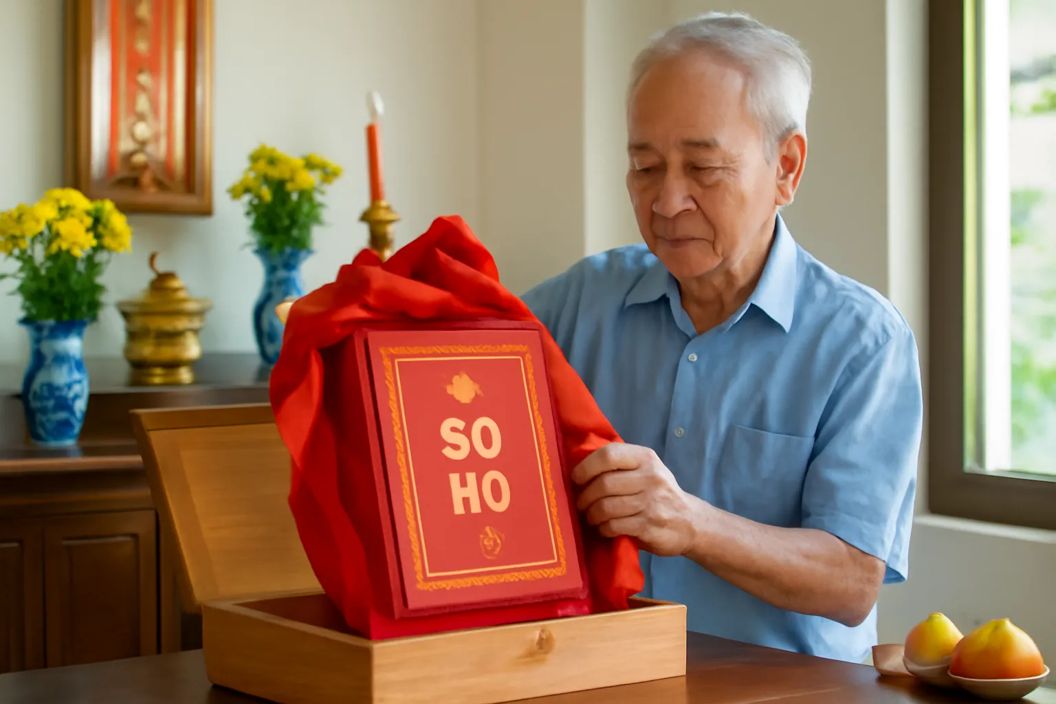 Ông cụ mở hộp gỗ lấy cuốn gia phả bọc vải đỏ trước bàn thờ họ