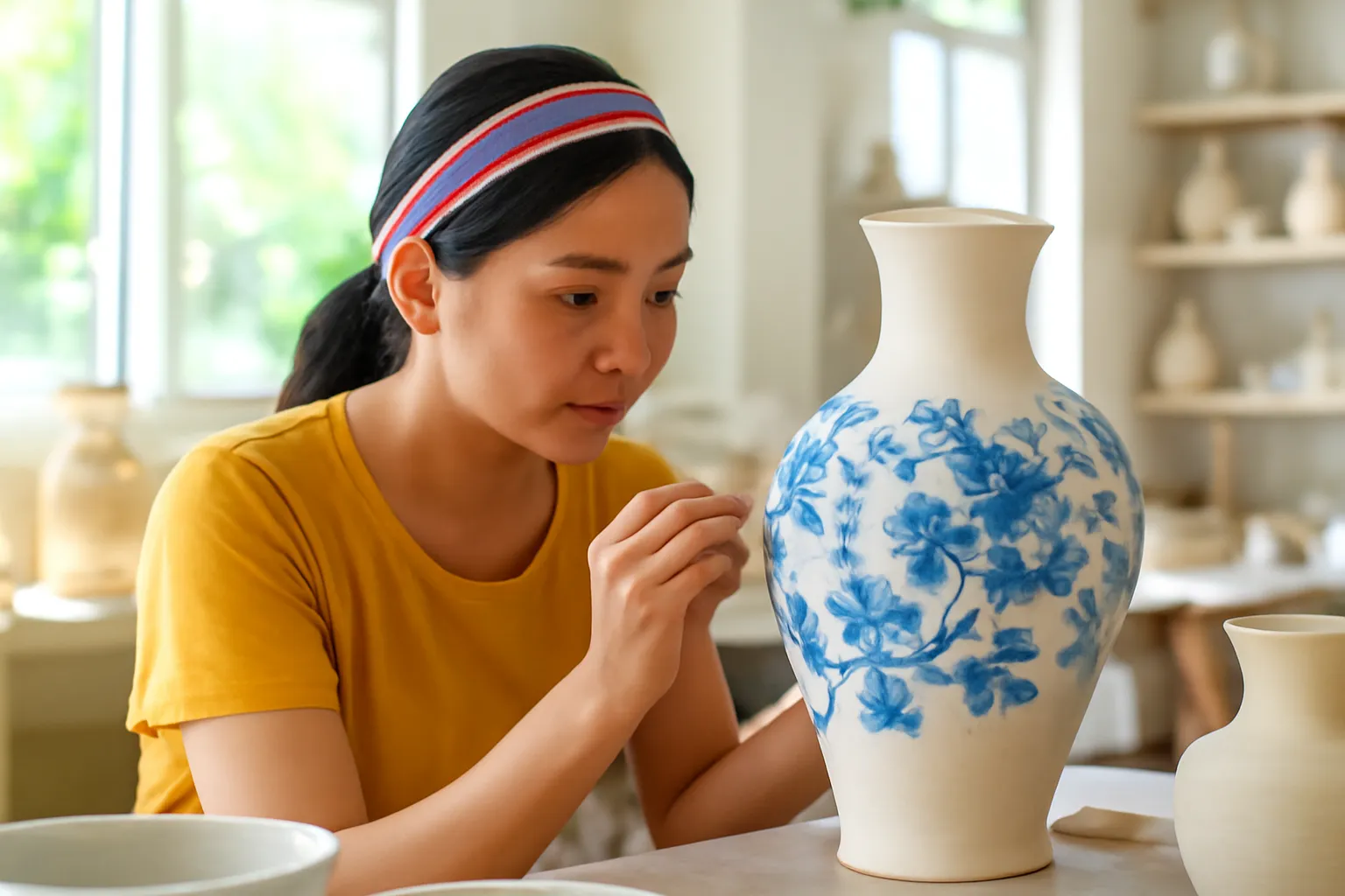 Nghệ nhân vẽ hoa văn men lam lên bình gốm mộc trong xưởng