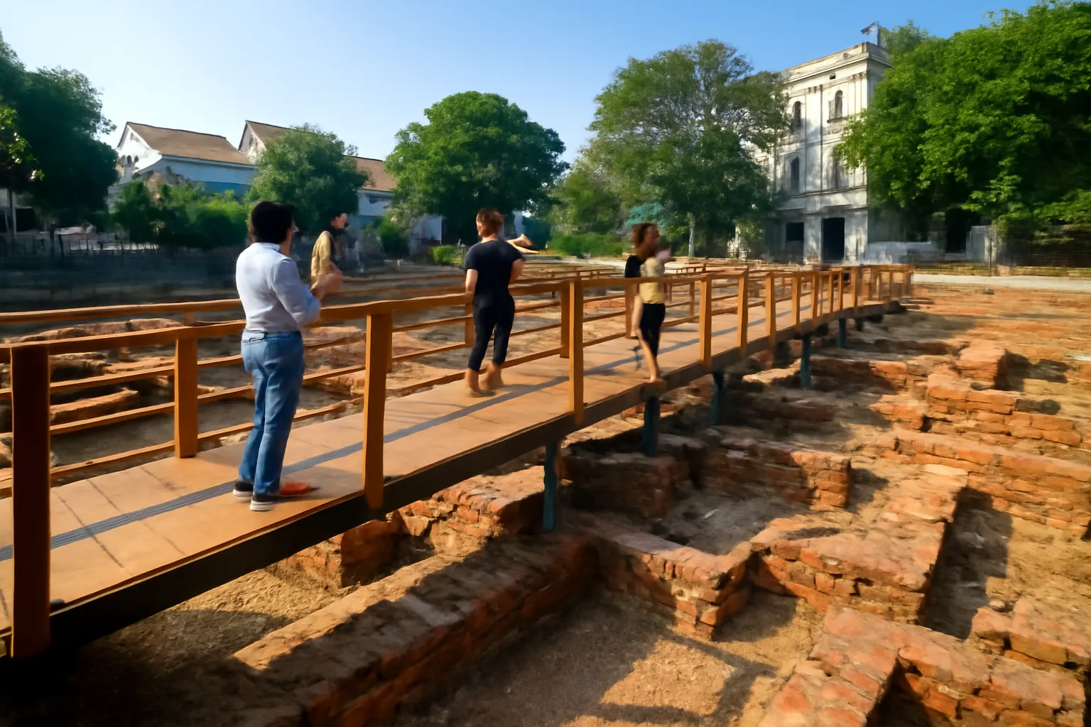 Lối đi gỗ chạy trên nền móng gạch cổ, du khách chụp ảnh buổi sáng