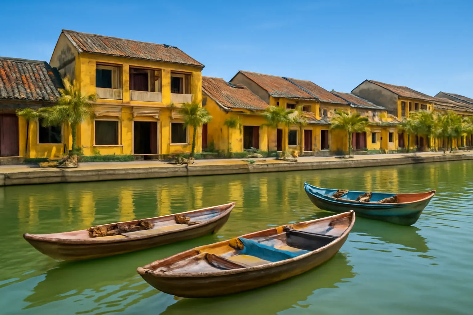 Thuyền nhỏ trên sông Thu Bồn trước dãy nhà mái ngói tường vàng