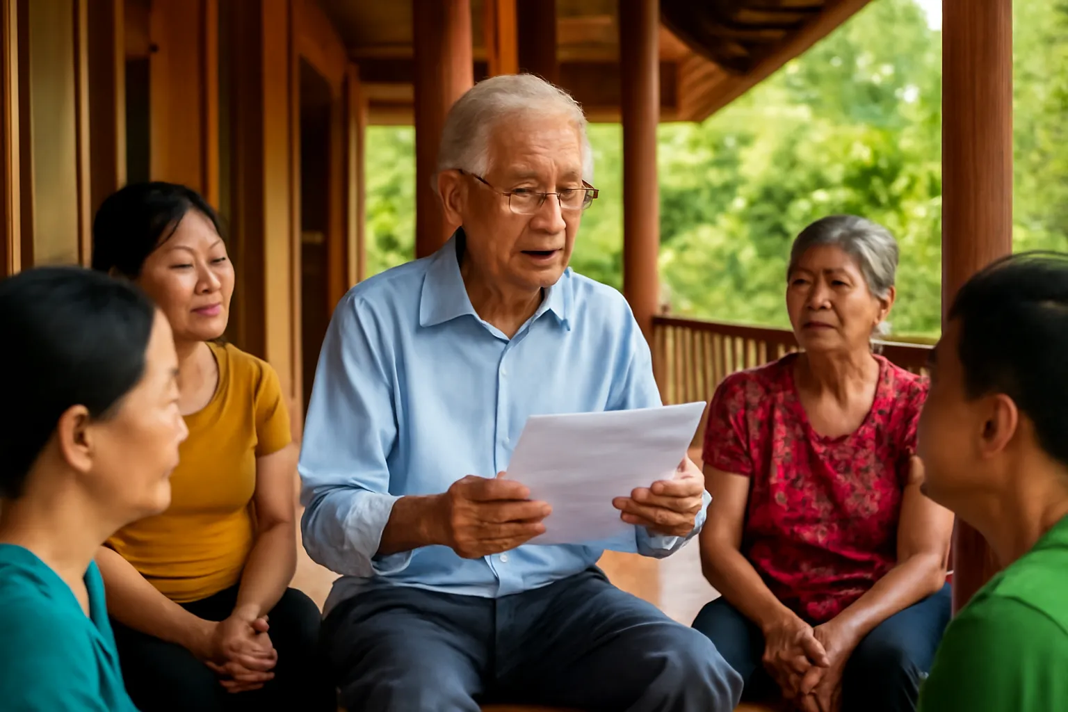 Cụ ông đọc tờ giấy bên hiên đình, người làng đứng quanh lắng nghe