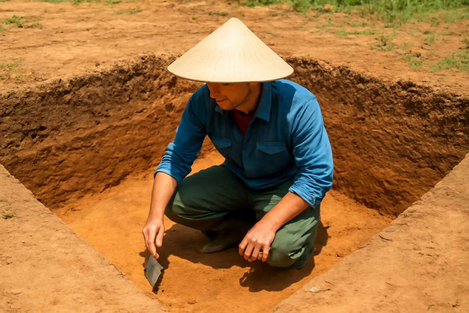 Người khảo cổ đội nón lá quỳ trong hố đào vuông, cọ đất bằng bay nhỏ