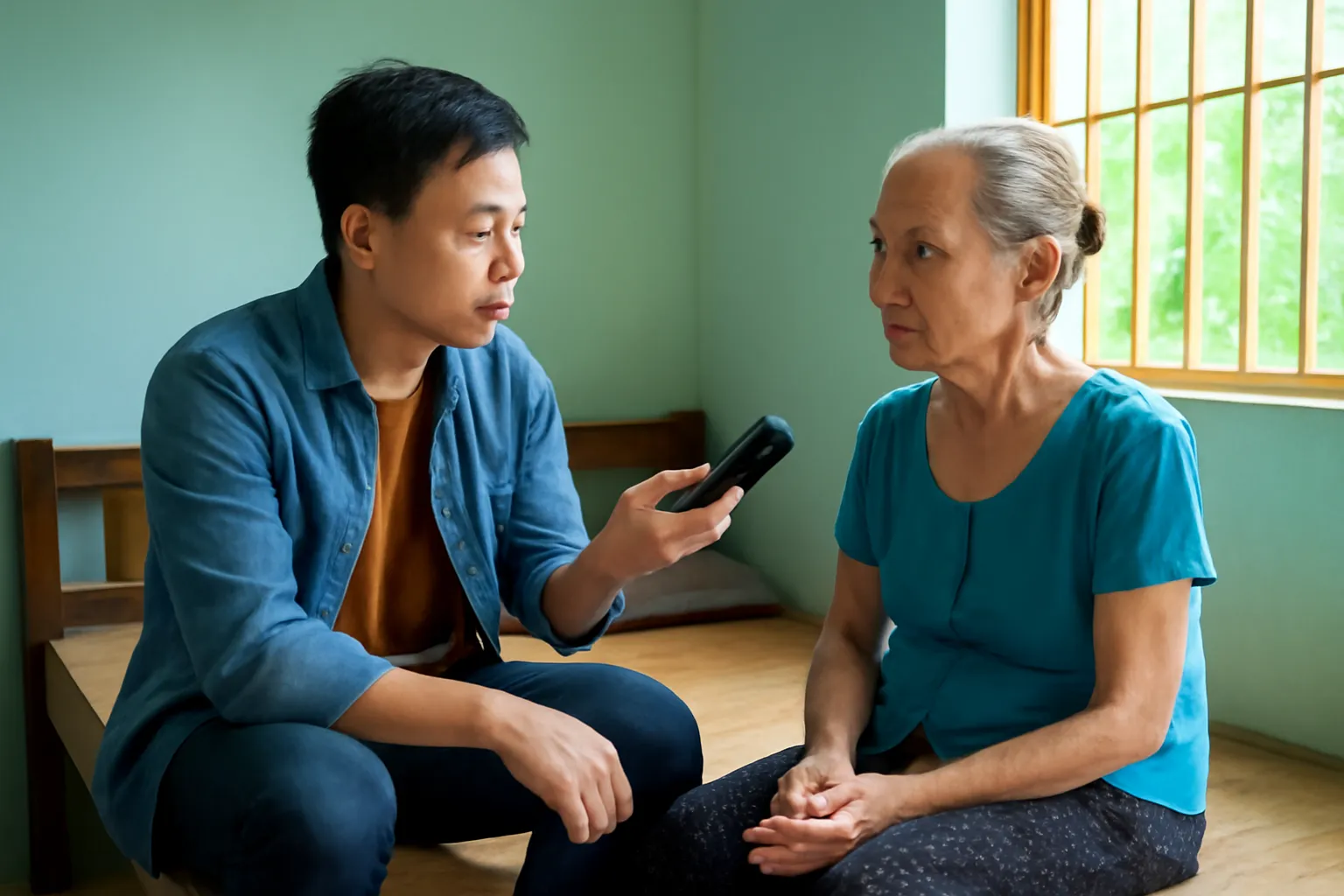 Chàng trai cầm máy ghi âm nhỏ ngồi nghe cụ bà kể chuyện trên phản gỗ