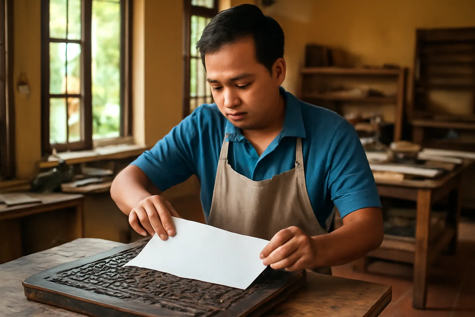 Thợ in đặt tờ giấy lên khuôn chữ gỗ trong xưởng in truyền thống