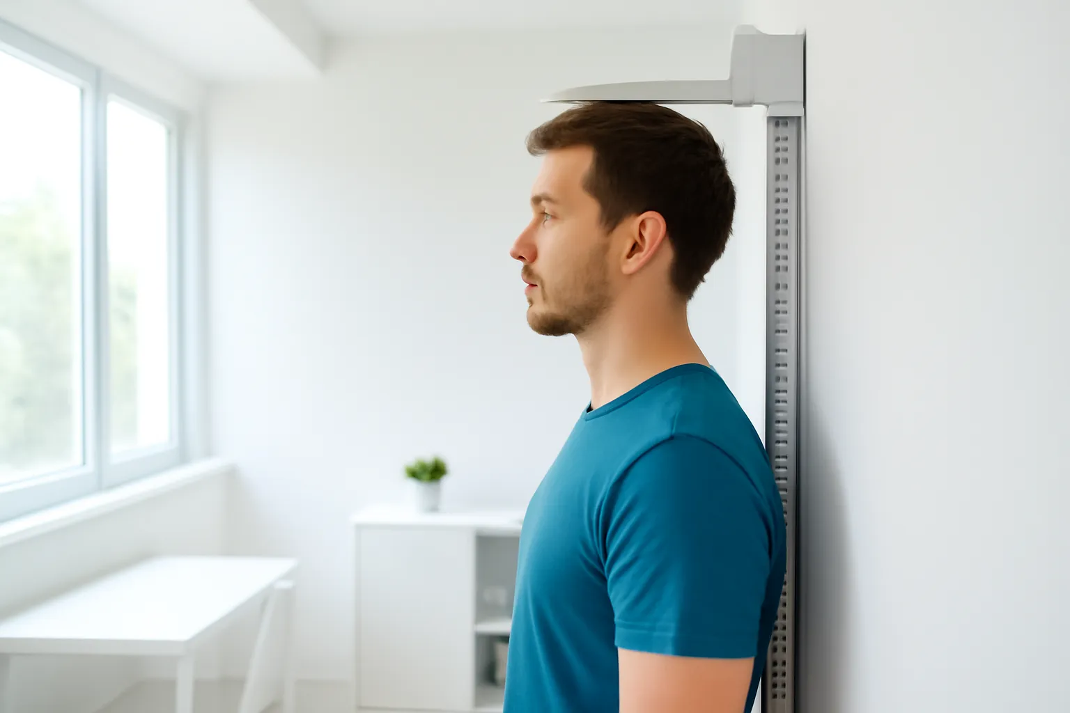 Người đàn ông đứng cạnh thước đo chiều cao trên tường phòng khám