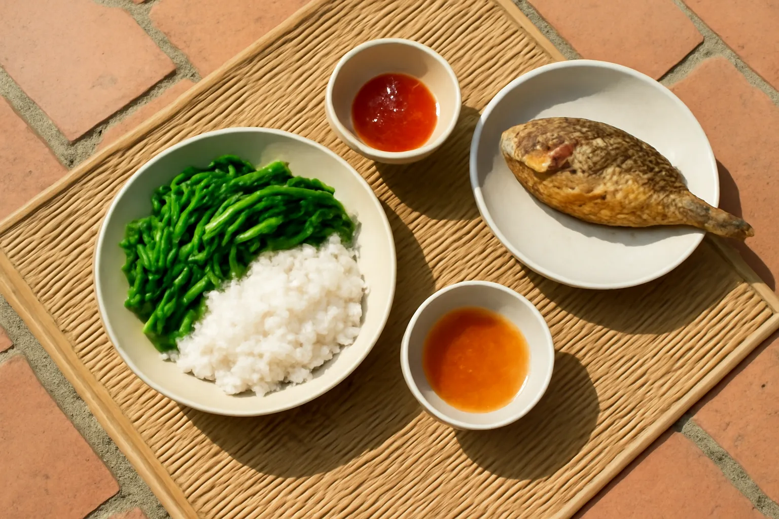 Mâm cơm quê giản dị đặt trên chiếu tre giữa sân gạch