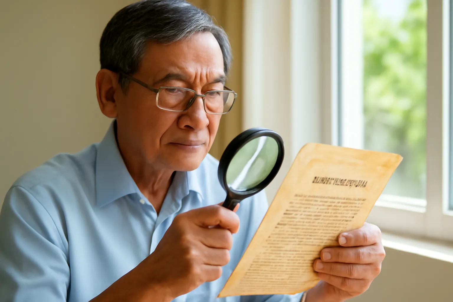 Ông giáo sử tóc bạc soi mép tờ giấy dó vàng bằng kính lúp bên cửa sổ