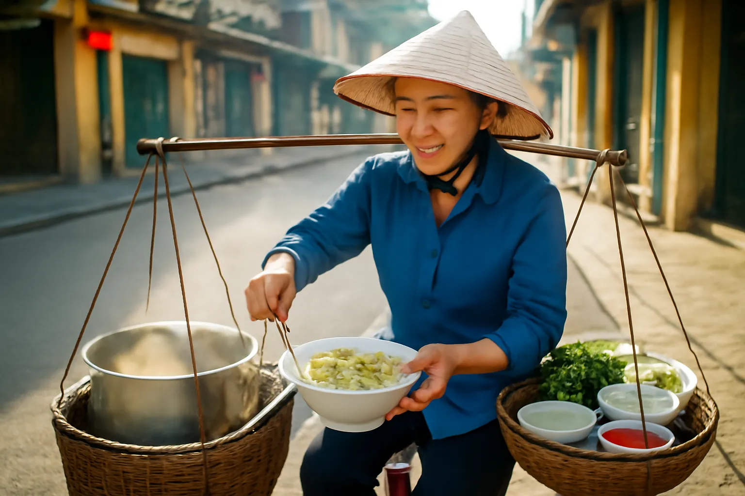 Người bán phở gánh hàng rong buổi sớm trên phố cổ, khói bốc lên