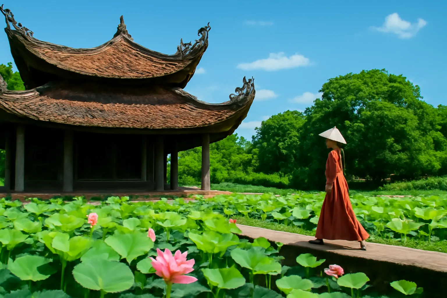 Mái chùa cổ bên hồ sen ở Hưng Yên, người đi bộ trên bờ