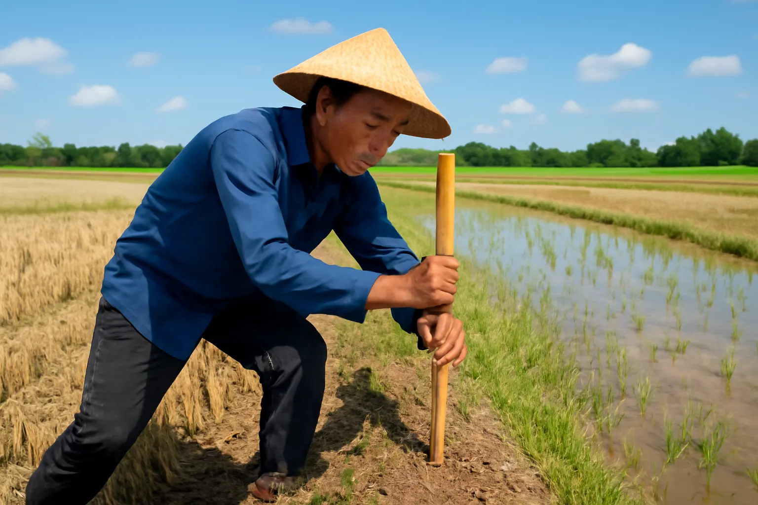 Nông dân cắm mốc tre trên bờ ruộng sau mùa gặt