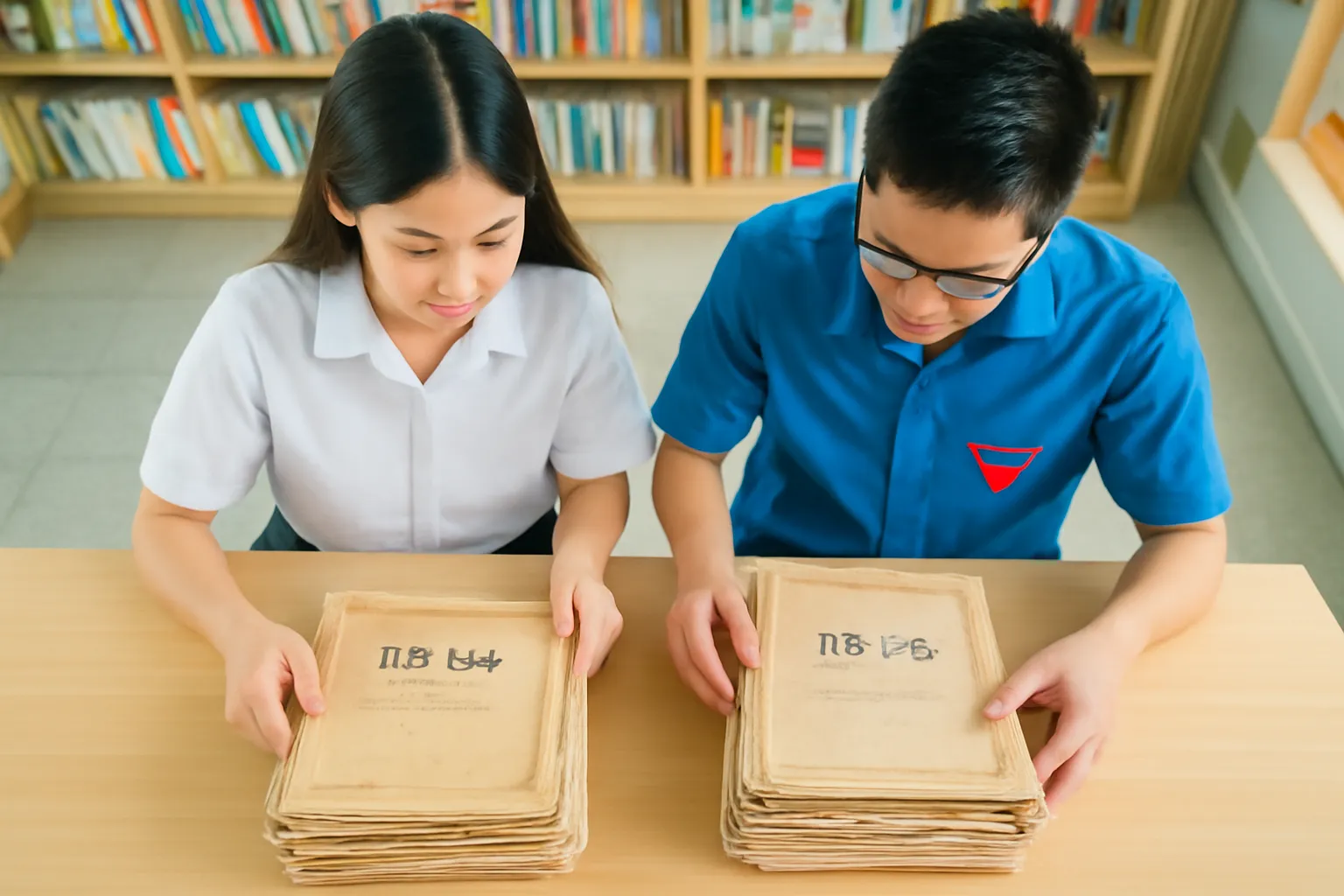 Hai sinh viên so hai chồng tài liệu trên bàn gỗ trong thư viện