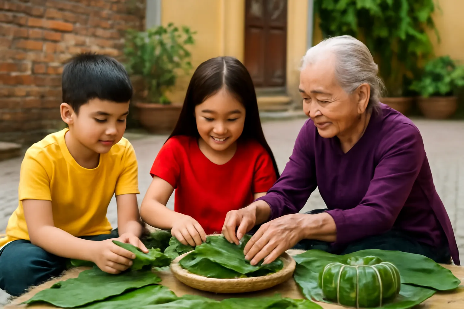 Gia đình ba thế hệ ngồi gói bánh chưng bên chồng lá dong ngoài sân