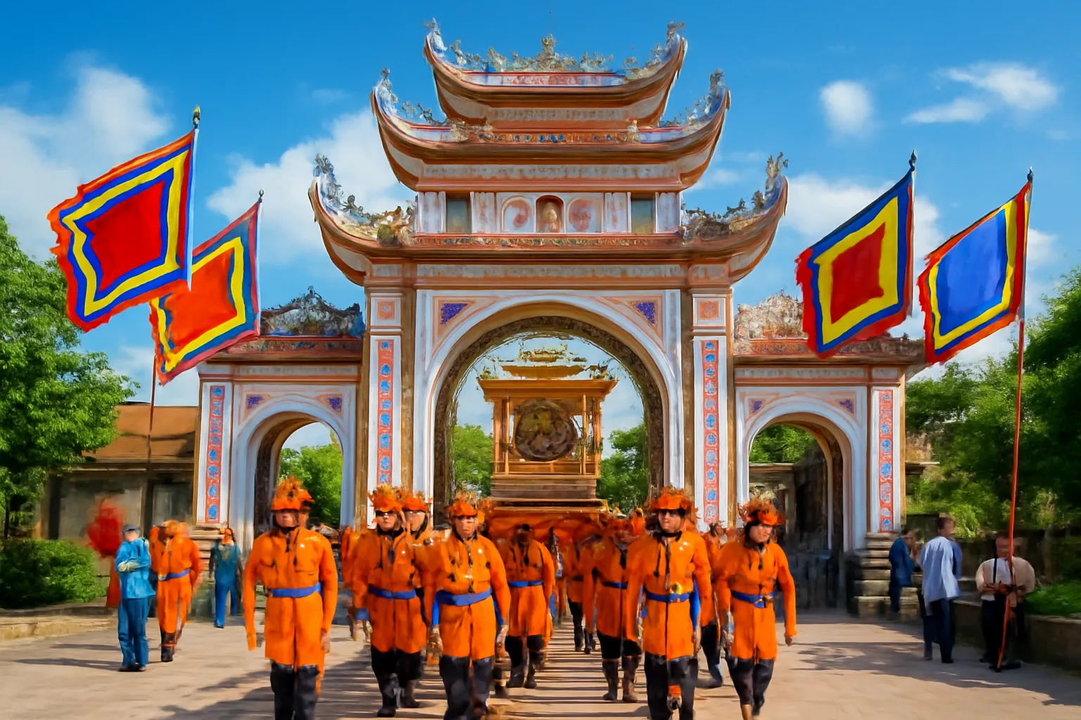 Đám rước kiệu hội làng đi qua cổng tam quan, cờ ngũ sắc tung bay