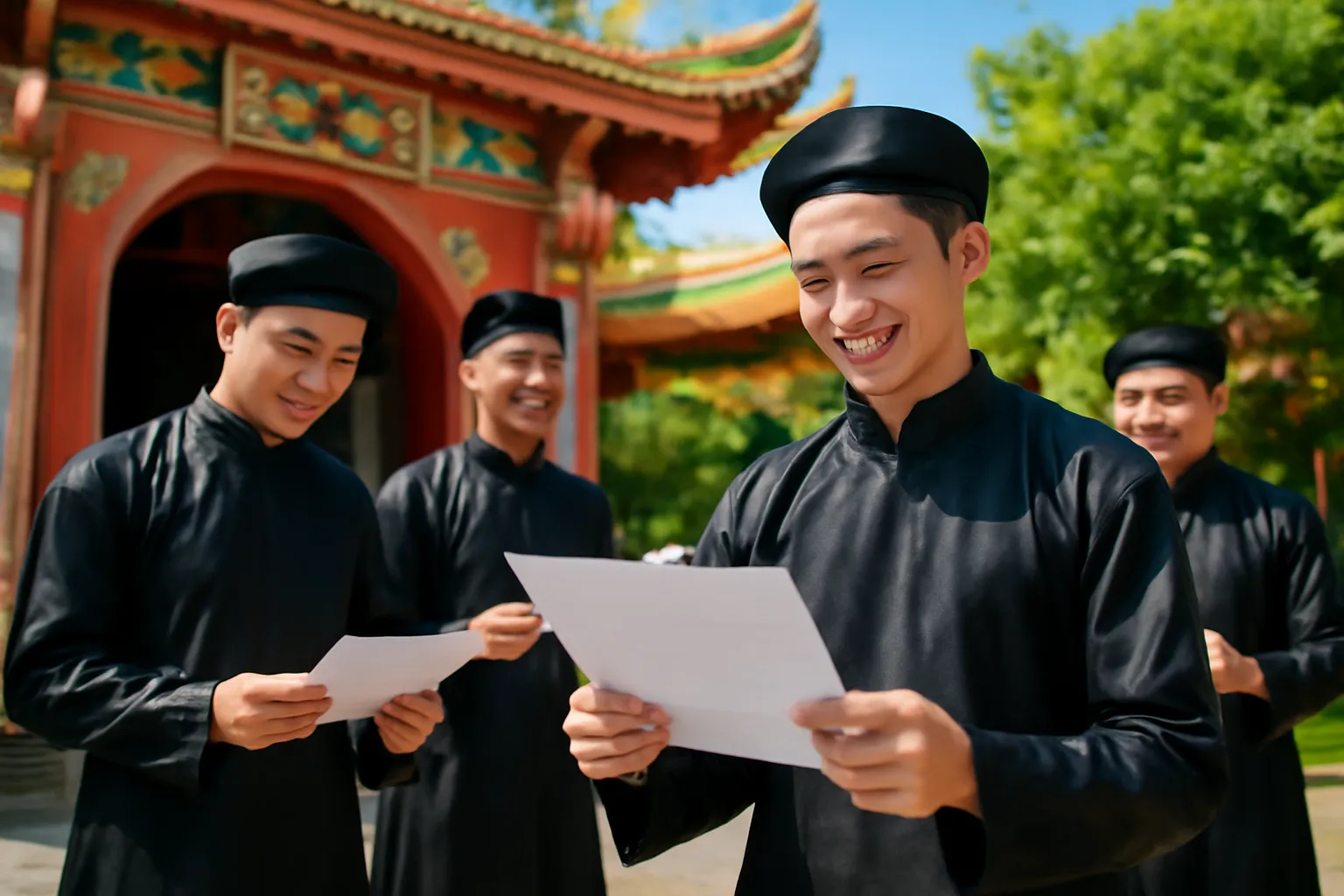 Học trò áo the diễn lại lễ xướng danh trong ngày hội ở Văn Miếu