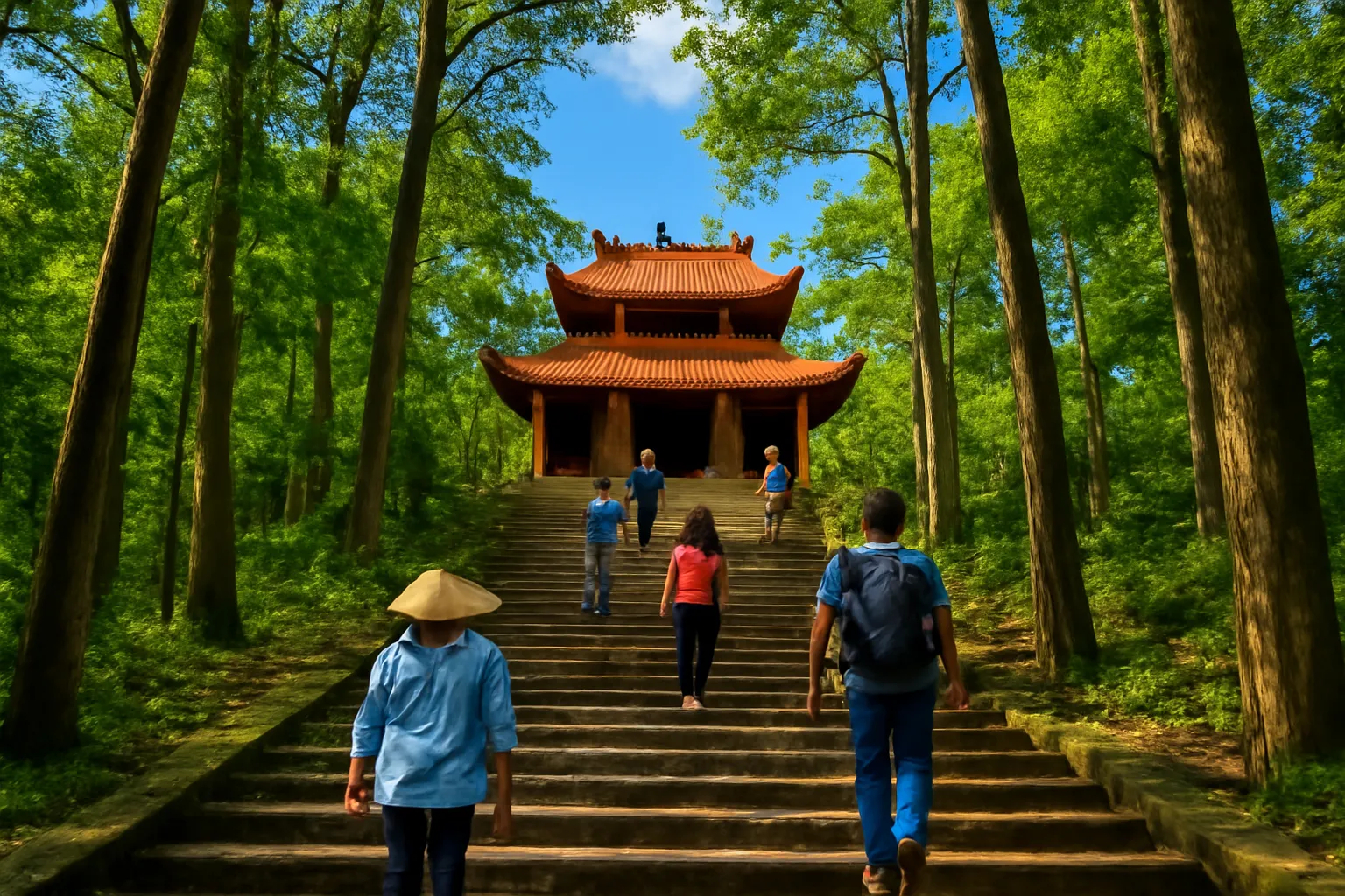 Bậc đá dẫn lên đền trên núi Nghĩa Lĩnh, người hành hương đi lên