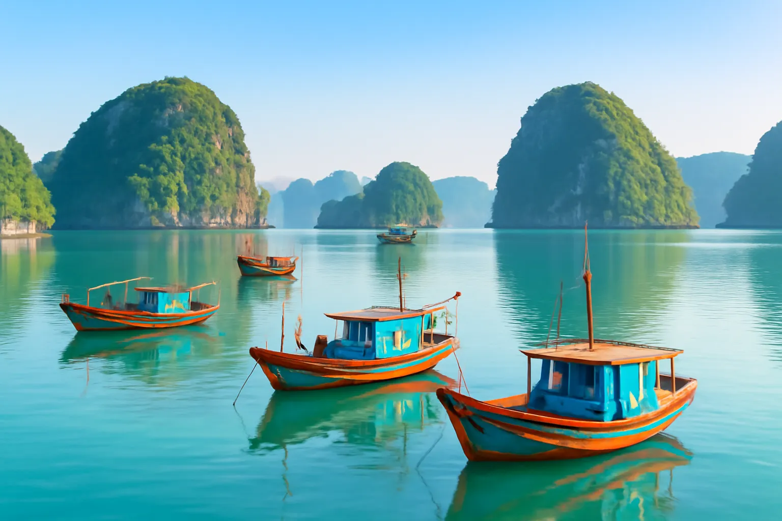 Vịnh đảo đá vôi với những con thuyền gỗ neo buổi sáng sớm