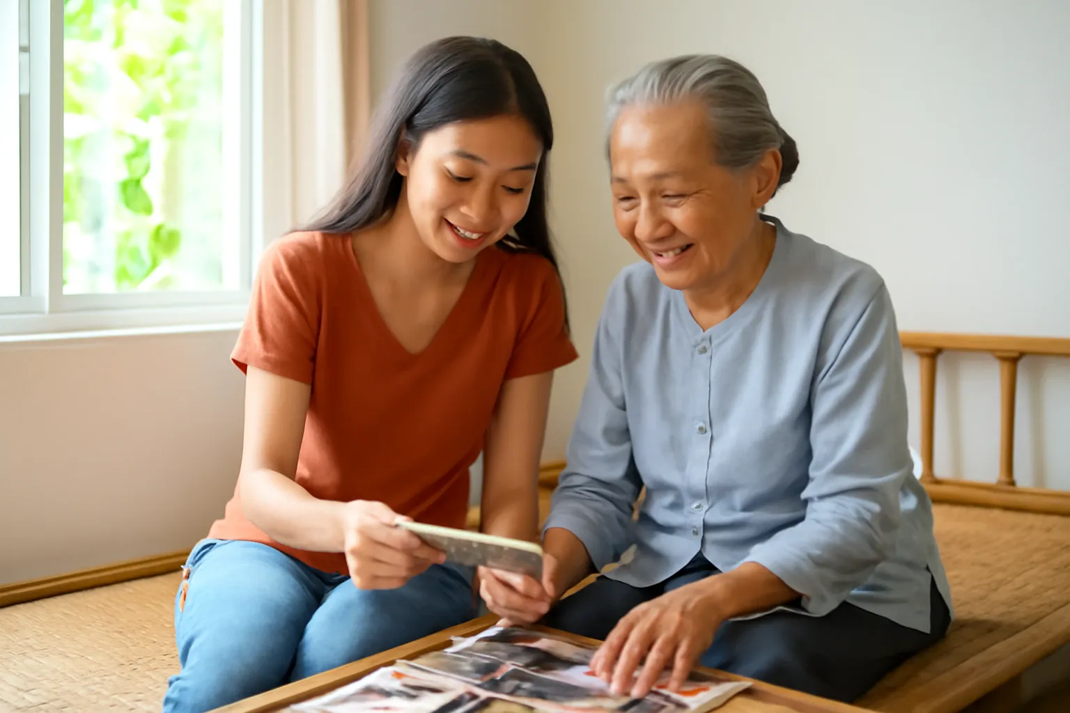 Cô gái trẻ và bà nội cùng xem những tấm ảnh cũ trải trên giường tre
