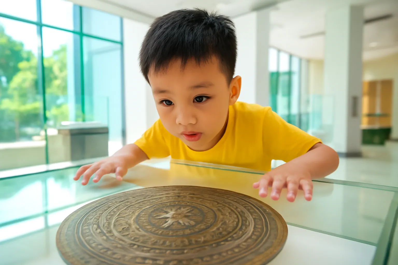 Em bé cúi nhìn mặt trống đồng trong tủ kính bảo tàng, chụp từ góc thấp