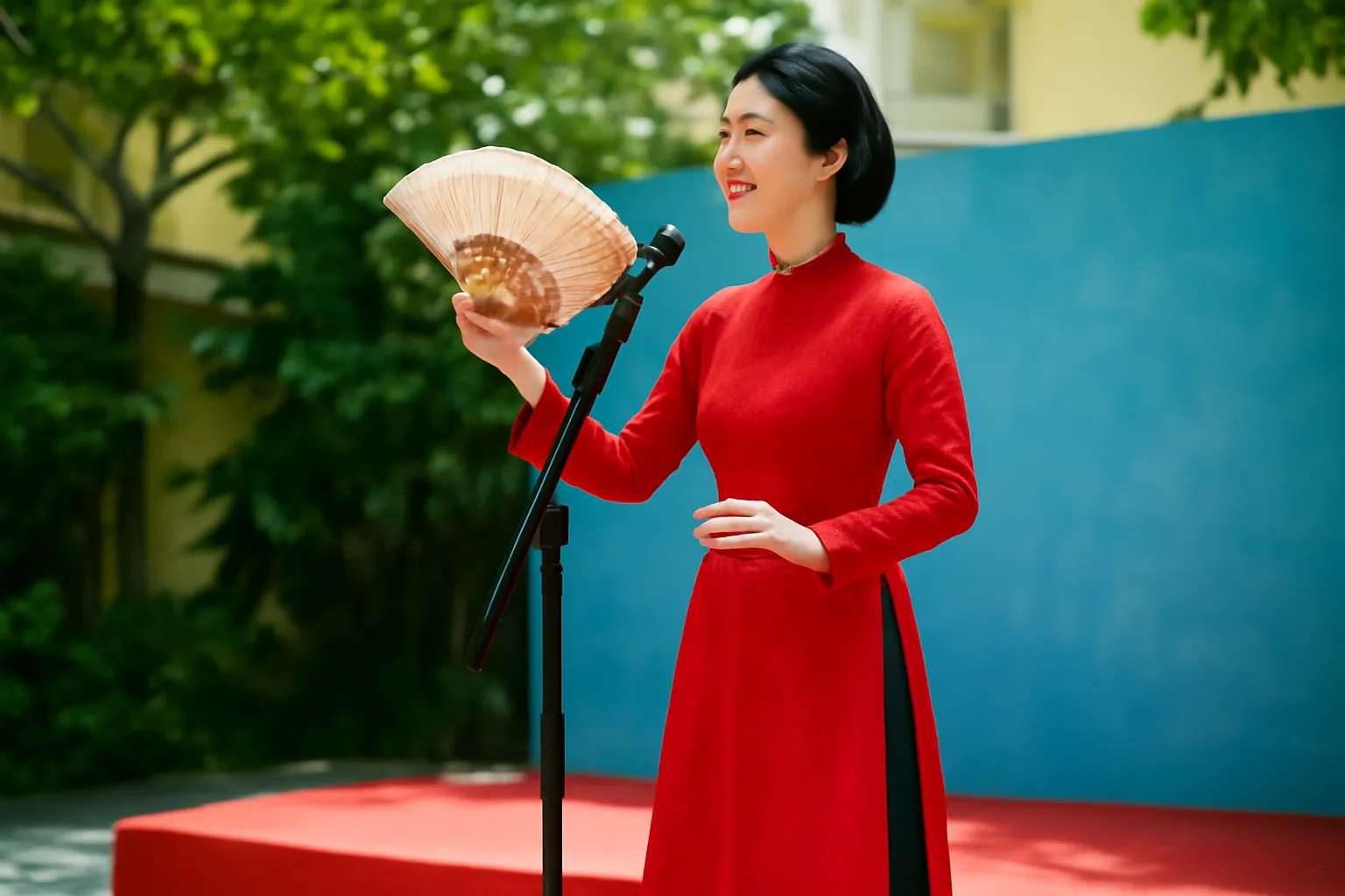 Nghệ nhân mặc áo dài cầm quạt ngâm thơ trên sân khấu nhỏ