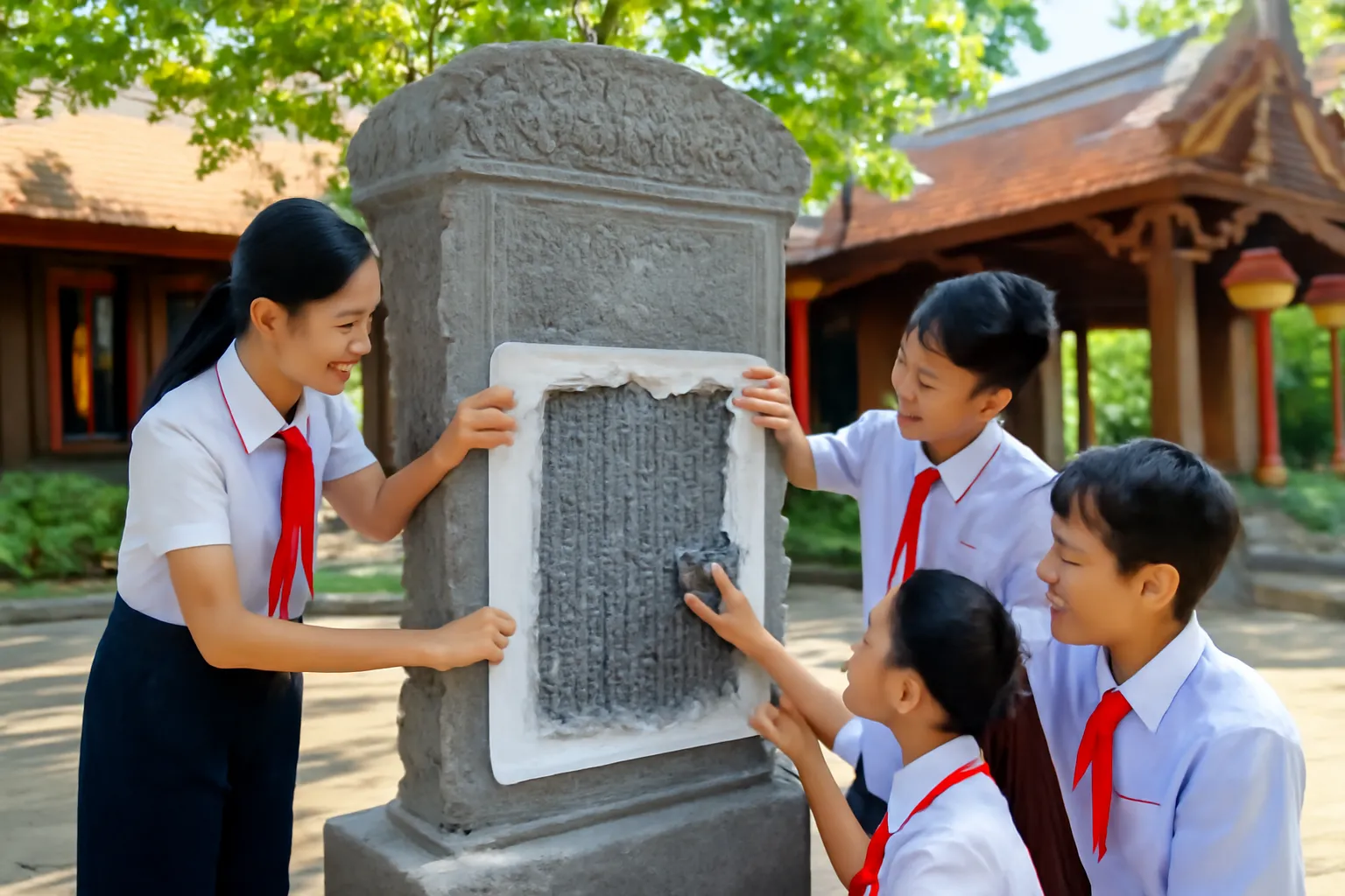 Nhóm sinh viên dập bia đá bằng giấy và mực trong sân chùa