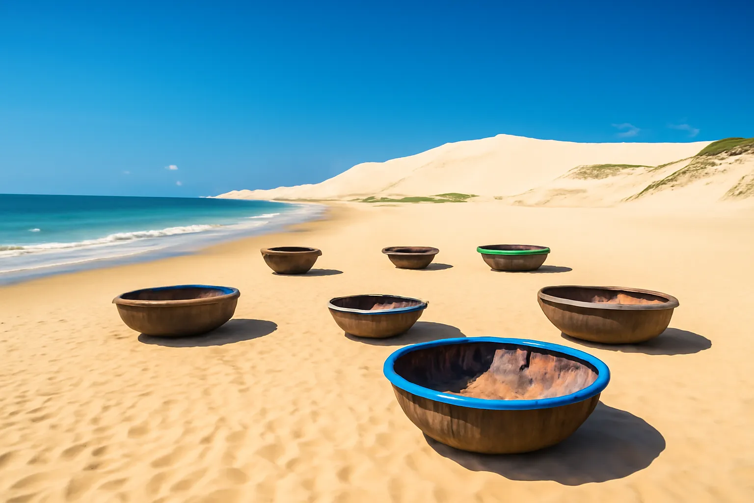 Bãi cát ven biển miền Trung với đồi cát trắng và thuyền thúng nằm nghỉ