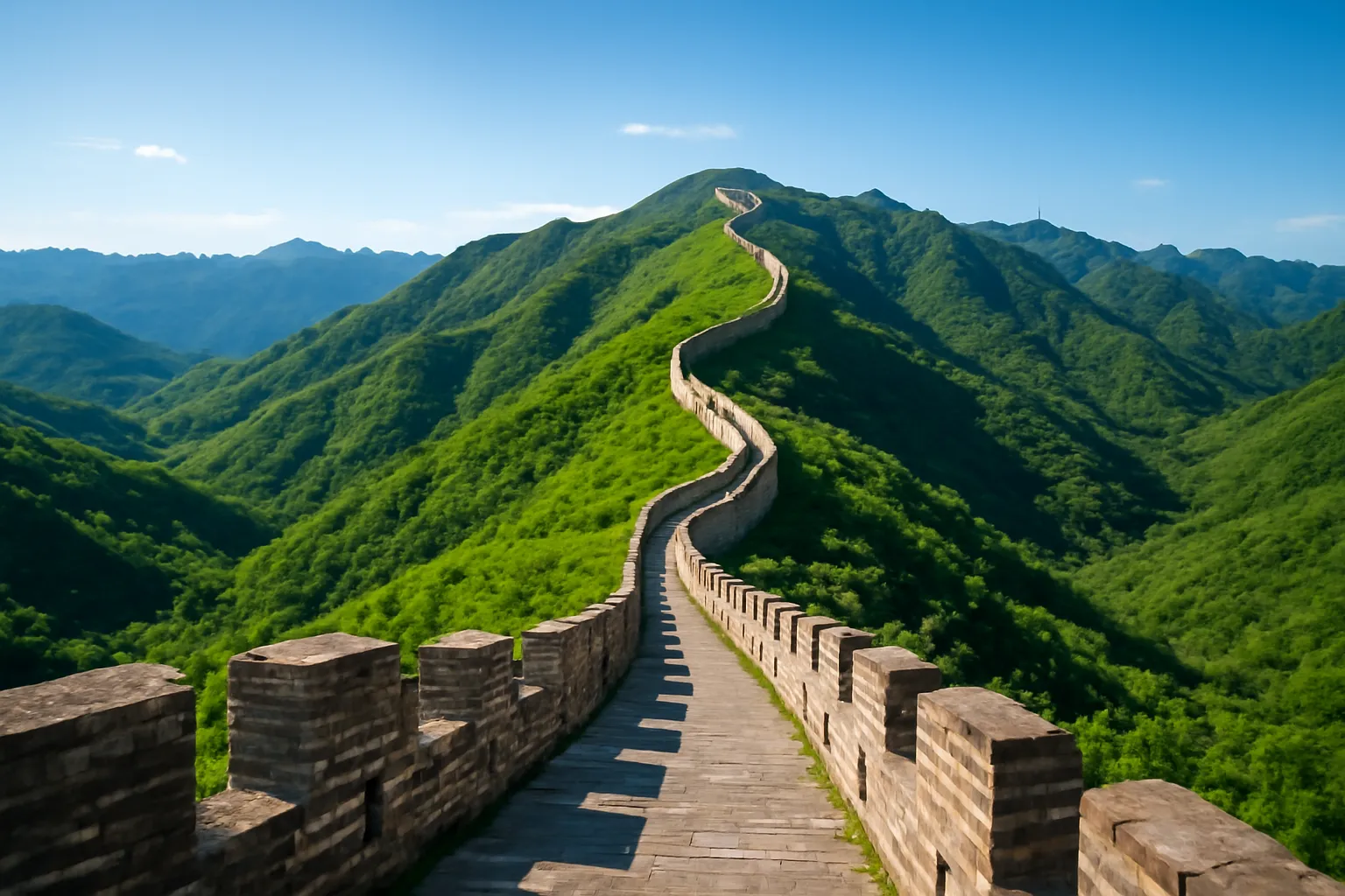 Tường thành đá uốn lượn trên những dãy núi xanh nhìn từ xa