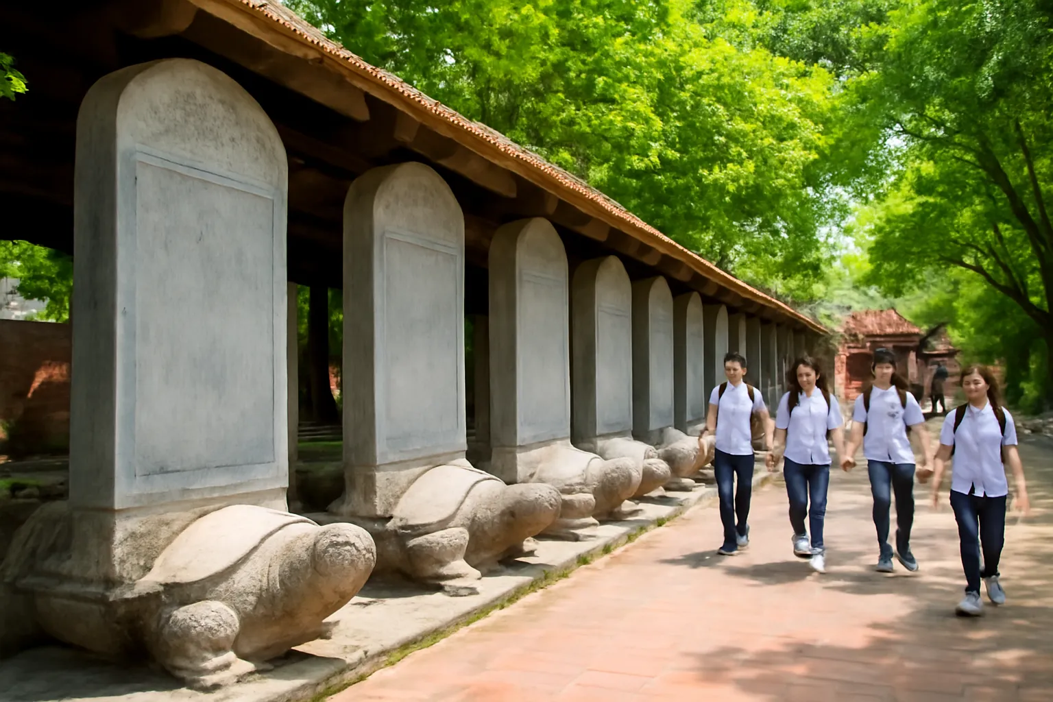 Hàng bia đá đặt trên lưng rùa dưới tán cây xanh, sinh viên áo trắng đi qua