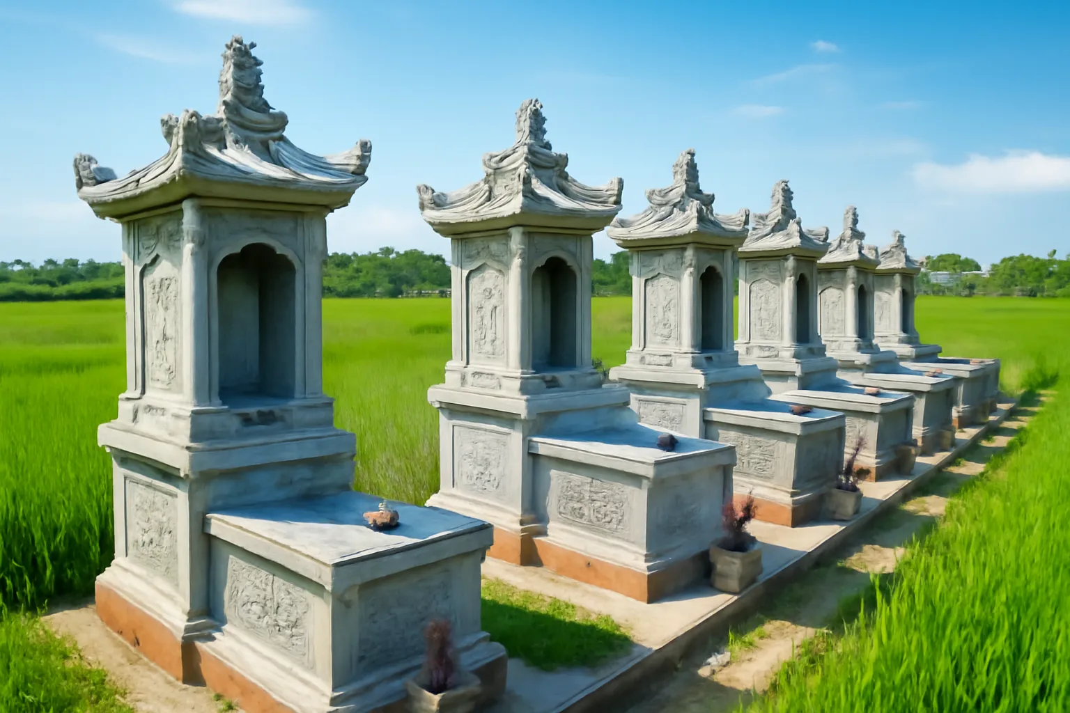 Hàng mộ đá trong nghĩa trang dòng họ giữa cánh đồng, khói hương